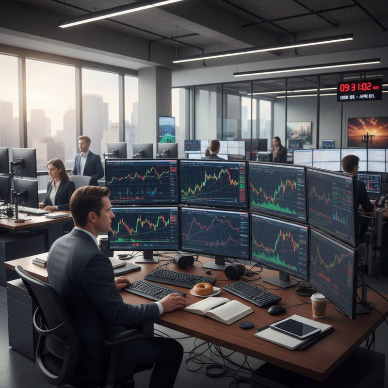 現代證券交易室中,專業人士專注於股市數據分析