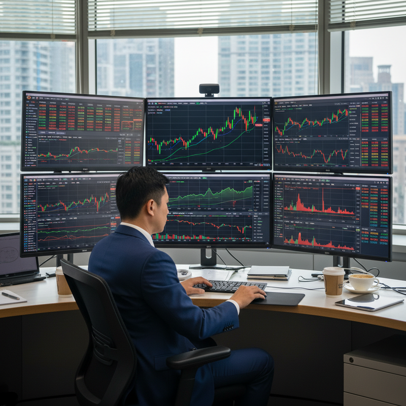 這張照片呈現一間現代感十足的證券交易室或金融分析辦公室,多位身穿正裝的專業人士正專注於他們的工作。前景有一位男士背對鏡頭,坐在配有多個螢幕的電腦前,螢幕上顯示著密密麻麻的股市圖表與數據。他面前的桌上擺放著筆記本、咖啡和一個甜甜圈。背景還有其他同事在各自的工位上忙碌,整個辦公室空間寬敞明亮,透過窗戶可以看到遠處的城市天際線。