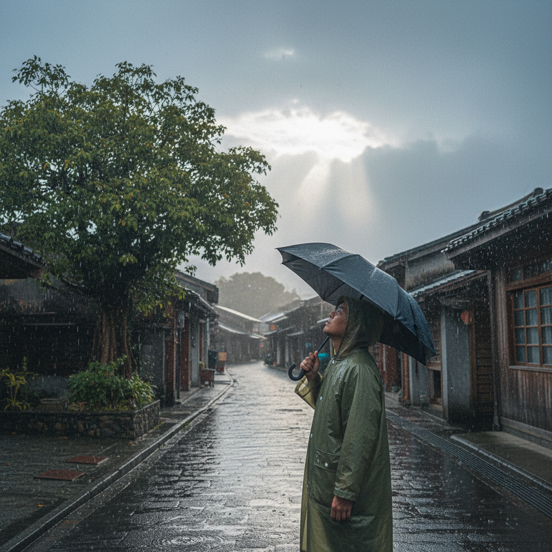 一位穿著綠色雨衣的男子在下雨天撐著黑傘,站在台灣老街的濕潤石板路上,抬頭望向被雲層遮蔽卻透出光線的天空。