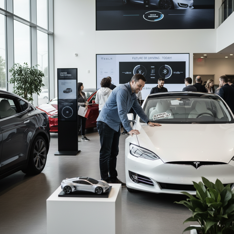 一位男顧客正在台北特斯拉展示中心欣賞一輛白色的特斯拉Model S電動車，他手輕輕放在車頭，臉上帶著滿意的微笑，背景還能看到其他顧客和多款特斯拉電動車。