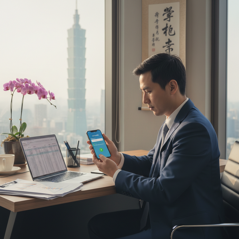 一位台灣商務人士坐在高樓辦公室裡，透過窗戶能看到台北101。他穿著深藍色西裝，專注地看著手中的手機，螢幕上顯示著綠色的登入成功介面。桌上擺著筆記型電腦、文件、咖啡杯和一盆蘭花，營造出專業又雅緻的辦公氛圍。